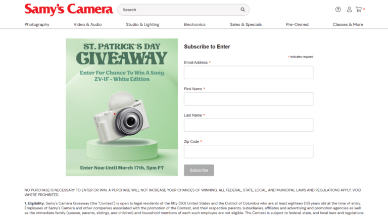 Samy’s Camera St. Patrick’s Day Sweepstakes to Win Sony ZV-1F Camera